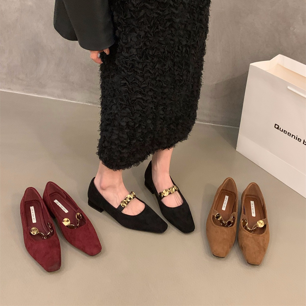 Demi-season red retro suede Mary Jane shoes square toe