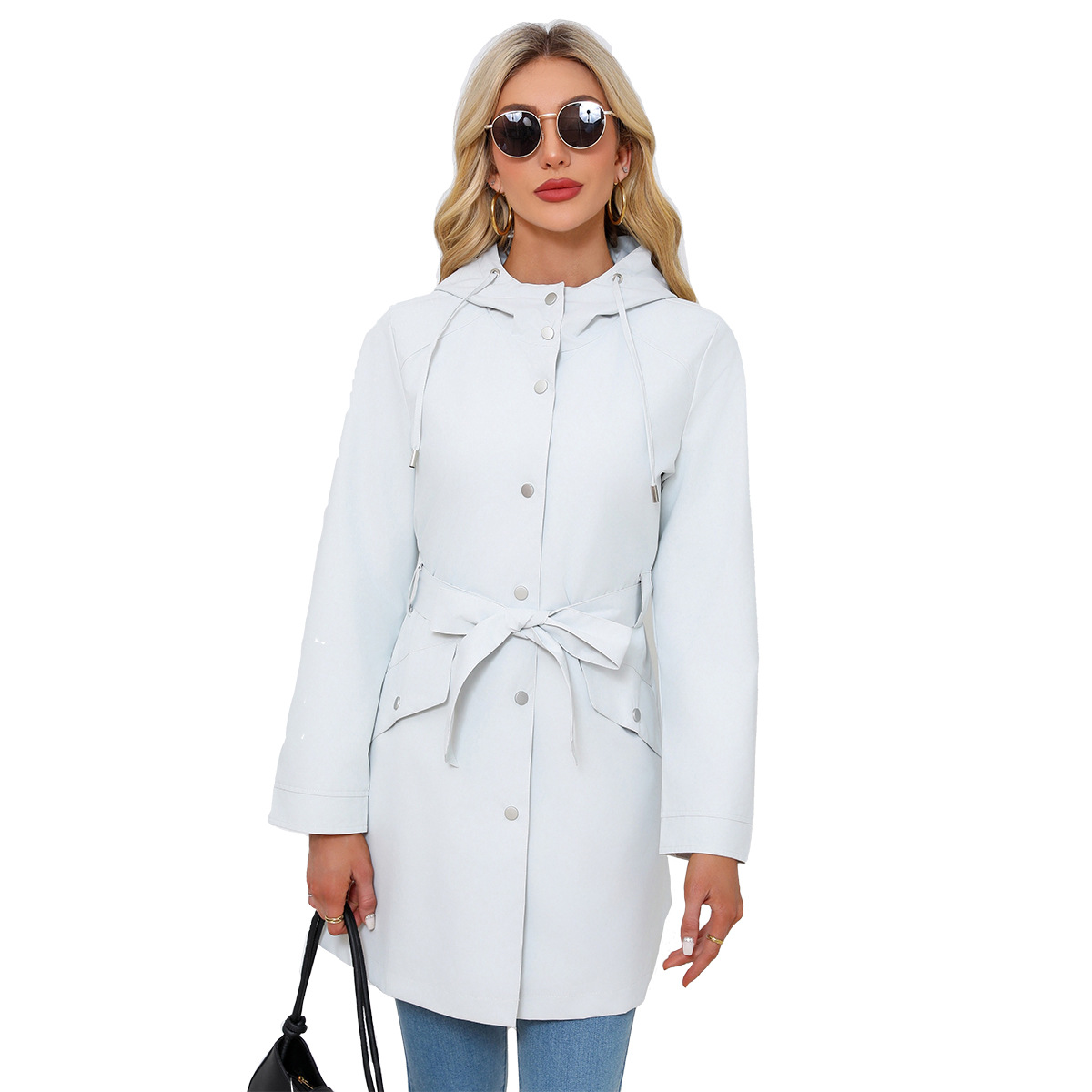 Women's Clothing Spring and Autumn Hooded Water Repellent Jacket with Belt Thin Casual Loose Windbreaker _voghion.com