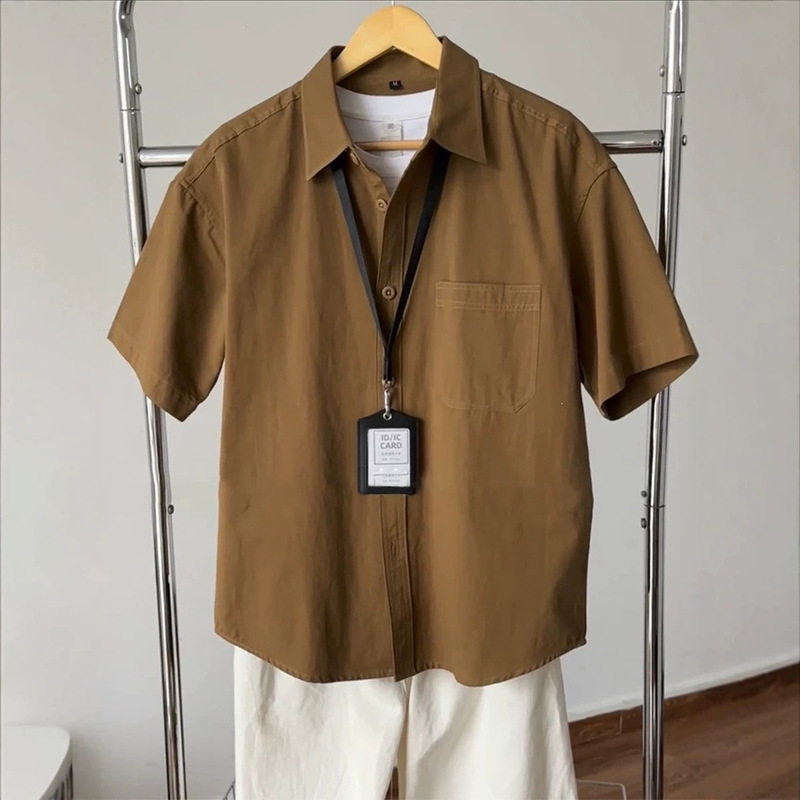Vintage Dark Brown Pure Cotton Short-Sleeved Shirt for Men, Summer American Retro Ice Silk Breathable Shirt, Trendy Brand Jacket Vintage Dark Brown Pure Cotton Short-Sleeved Shirt for Men, Summer American Retro Ice Silk Breathable Shirt, Trendy Brand Jacket