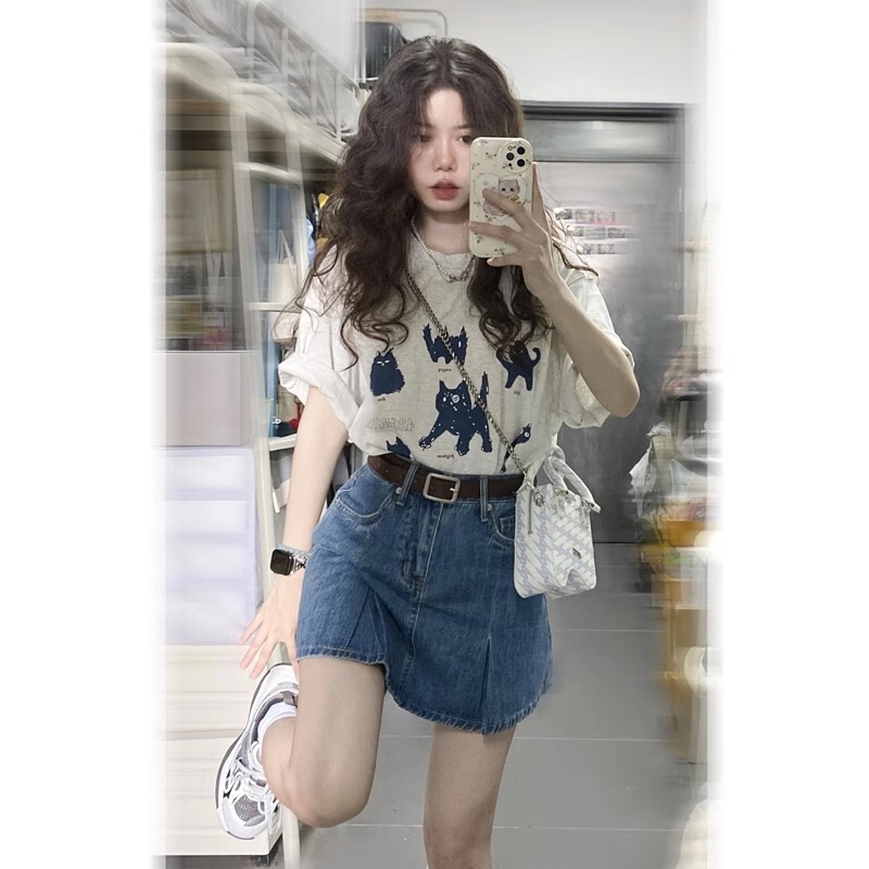 American Retro Japanese Cute Kitten Short-Sleeve T-Shirt for Women 2025 Summer Loose Student Half-Sleeve Versatile Top Ins American Retro Japanese Cute Kitten Short-Sleeve T-Shirt for Women 2025 Summer Loose Student Half-Sleeve Versatile Top Ins