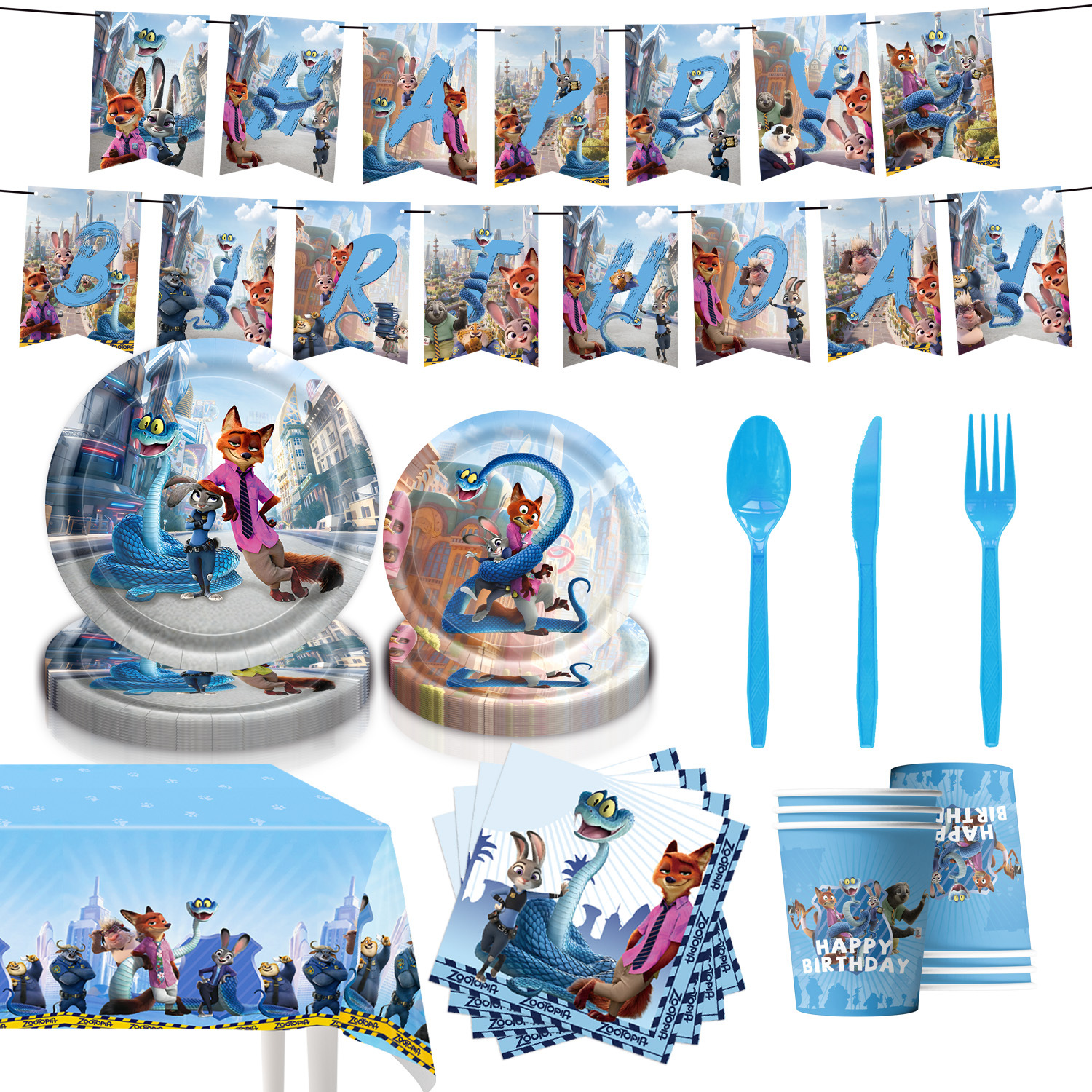跨境新款疯狂动物城2 主题生日派对餐具用品氛围感布置拉旗九件套