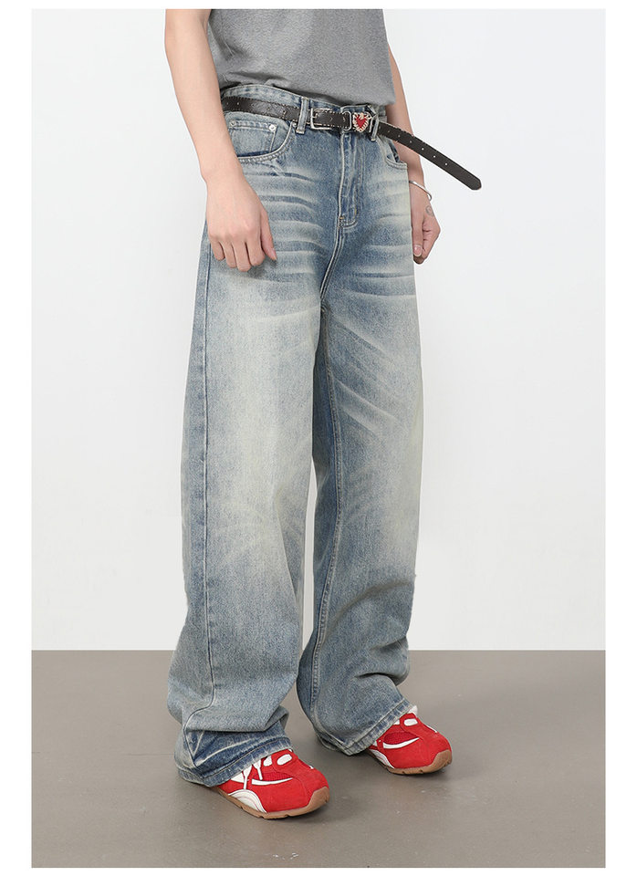 Quần jeans nam ống rộng dáng thẳng lưng giữa, phong cách retro, dài chấm gót — màu xanh chi tiết 5