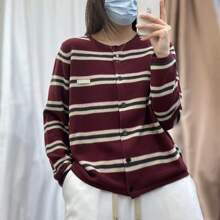dm9013韩系条纹撞色针织开衫女2025春秋新款宽松百搭毛衣外套上衣