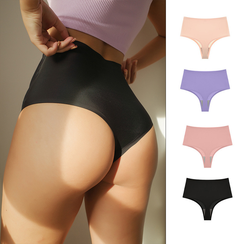 Cross-Border High-Waisted Ice Silk Thong Ice Silk Seamless One-Piece Thong Plus Size High-Waisted Belly-Control Underwear