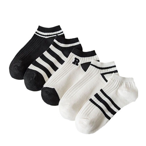 Black and White Striped Girls' Short Socks Spring and Summer Thin Version Ins Trendy Versatile Cartoon Letter Sports Breathable Versatile Ship