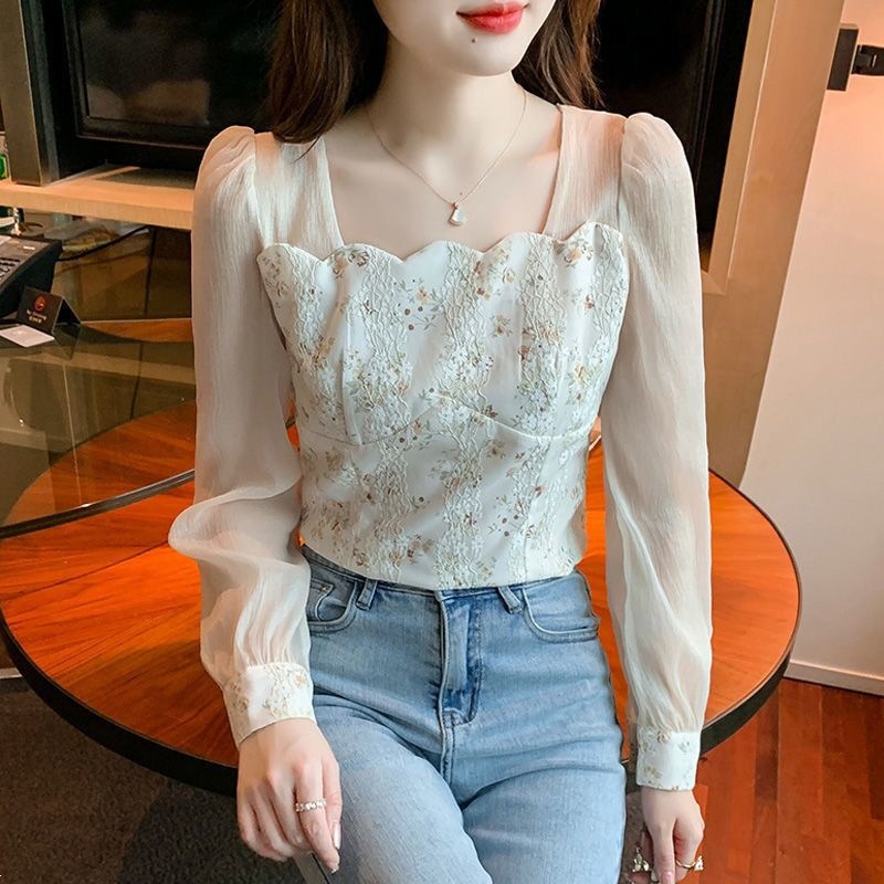 蕾丝拼接雪纺衬衫女2026秋季新款小清新甜美方领别致碎花上衣小衫