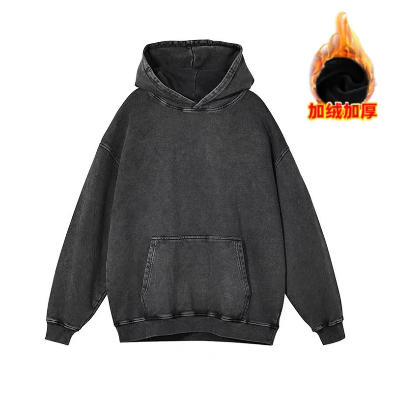 Factory Direct Sales Cross-Border Retro Washed Distressed Hooded Velvet Thickened Sweatshirt Trendy Brand Loose Large Size Men's and Women's Jackets