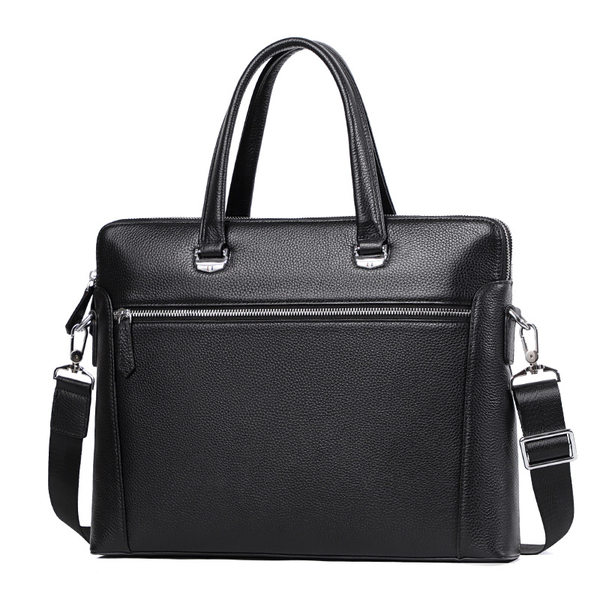 Cặp công sở mỏng da bò thật hai dây kéo, túi xách tay đeo chéo vai cho nam, đựng laptop 14 inch, 38,5×6×28 cm — Màu đen