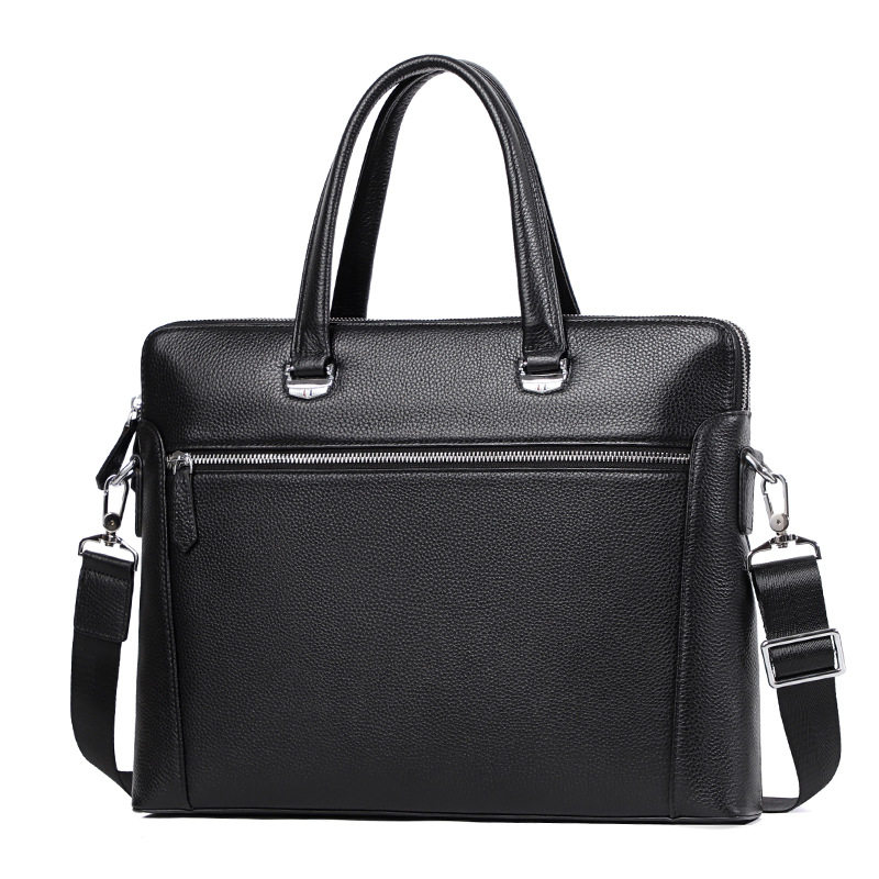 Cặp công sở mỏng da bò thật hai dây kéo, túi xách tay đeo chéo vai cho nam, đựng laptop 14 inch, 38,5×6×28 cm — Màu đen