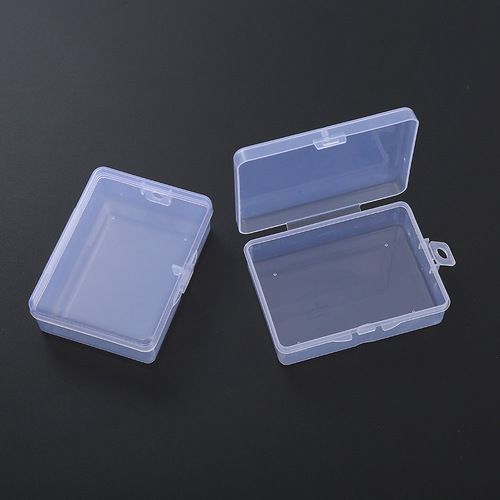 Rectangular transparent plastic box with locking mechanism, featuring hardware components, electronic parts, fishing gear accessories, and decorative items—perfect for packaging and storage.