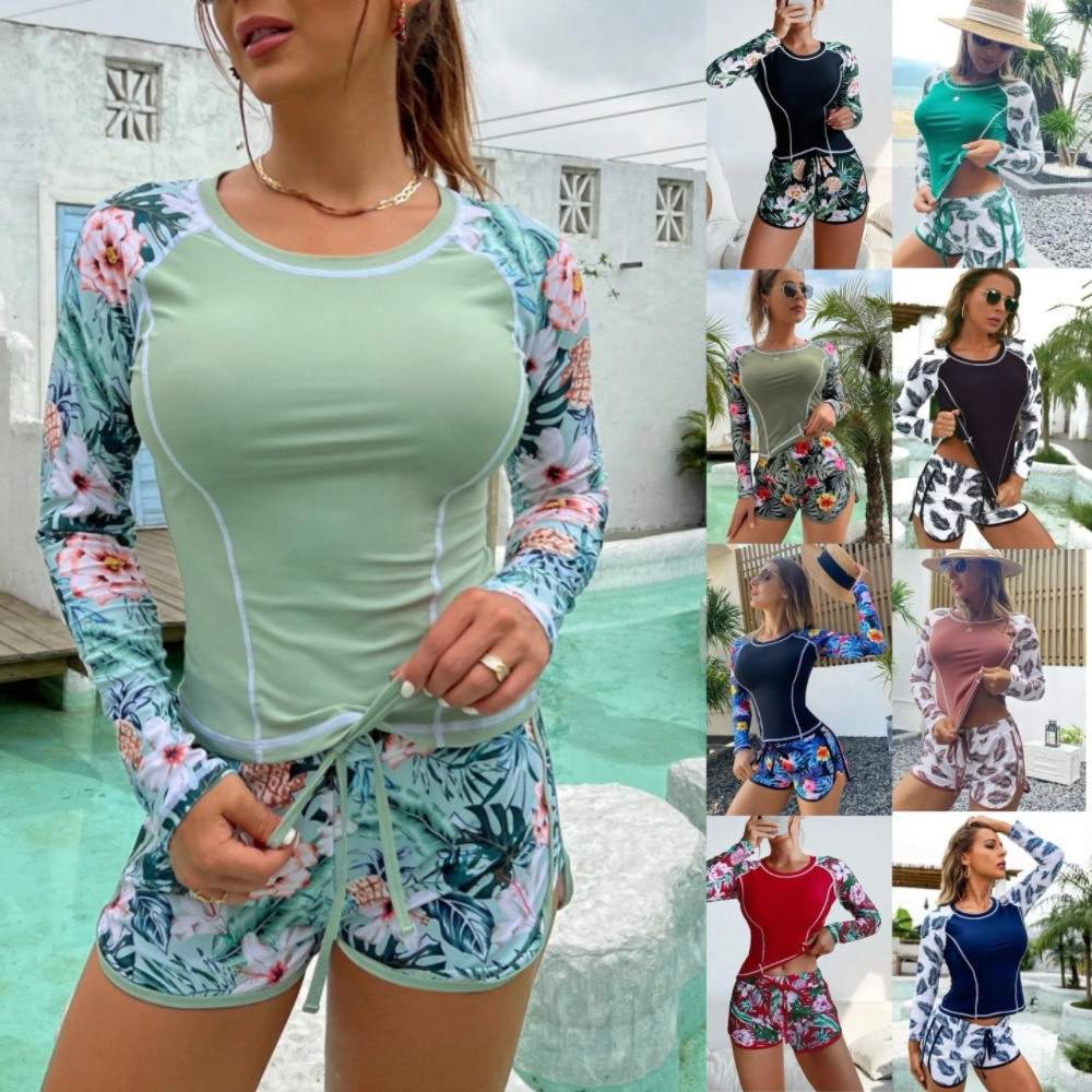 2024 New Amazon European and American diving surfing suit long sleeve sun protection digital printing boxer split swimsuit for women
