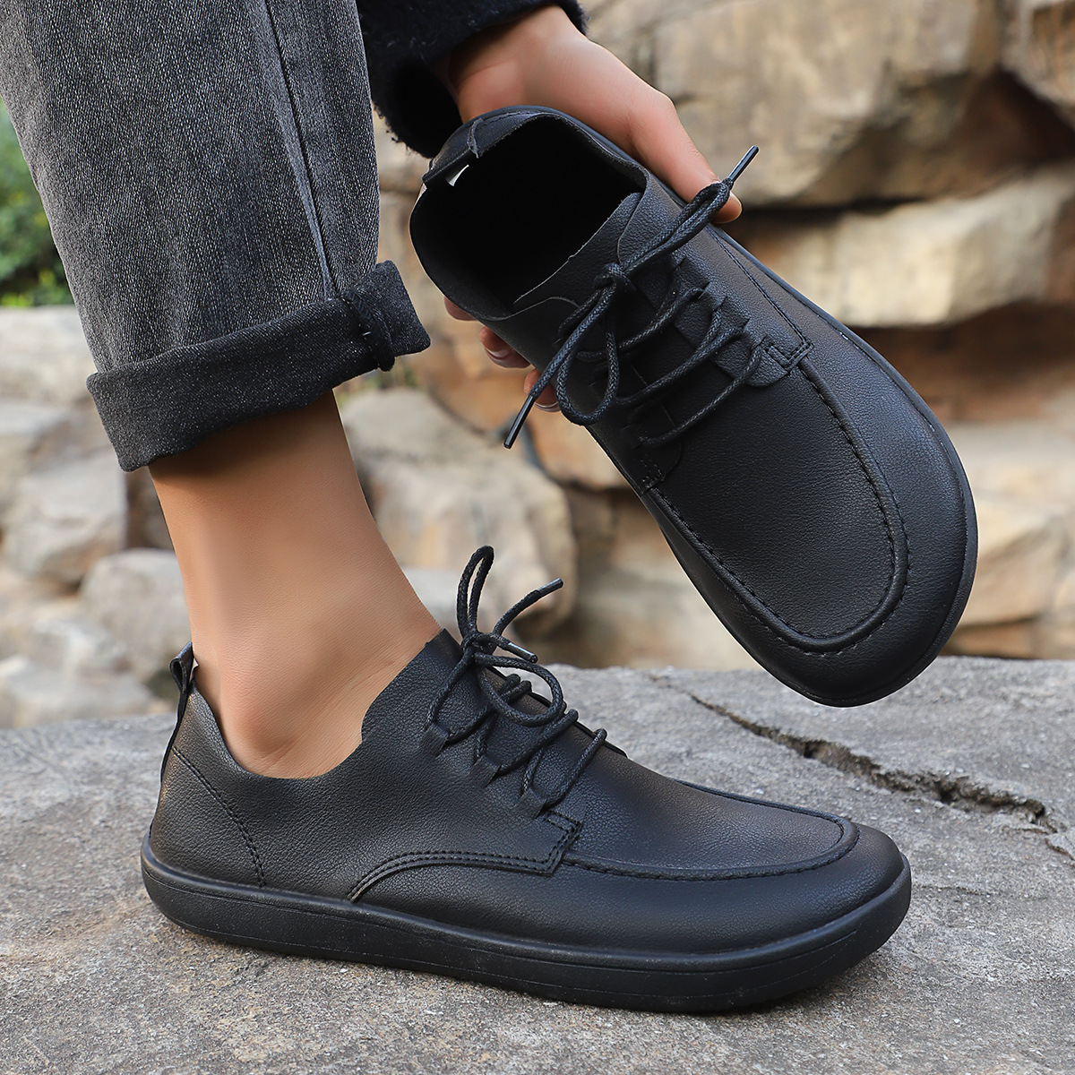 Men's Shoes Summer New Large Size Wide-Toe Barefoot Shoes Korean Style Low-Top Shoes Student Casual Shoes Flat Lace-Up Shoes