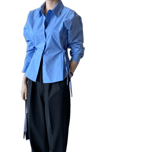 Slimming Long-Sleeve Belted Shirt with Elegant Fit, Waist-Clinching One-Button Closure