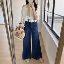 实拍2025秋季新款韩版女式高腰弹力显瘦微喇牛仔阔腿裤女