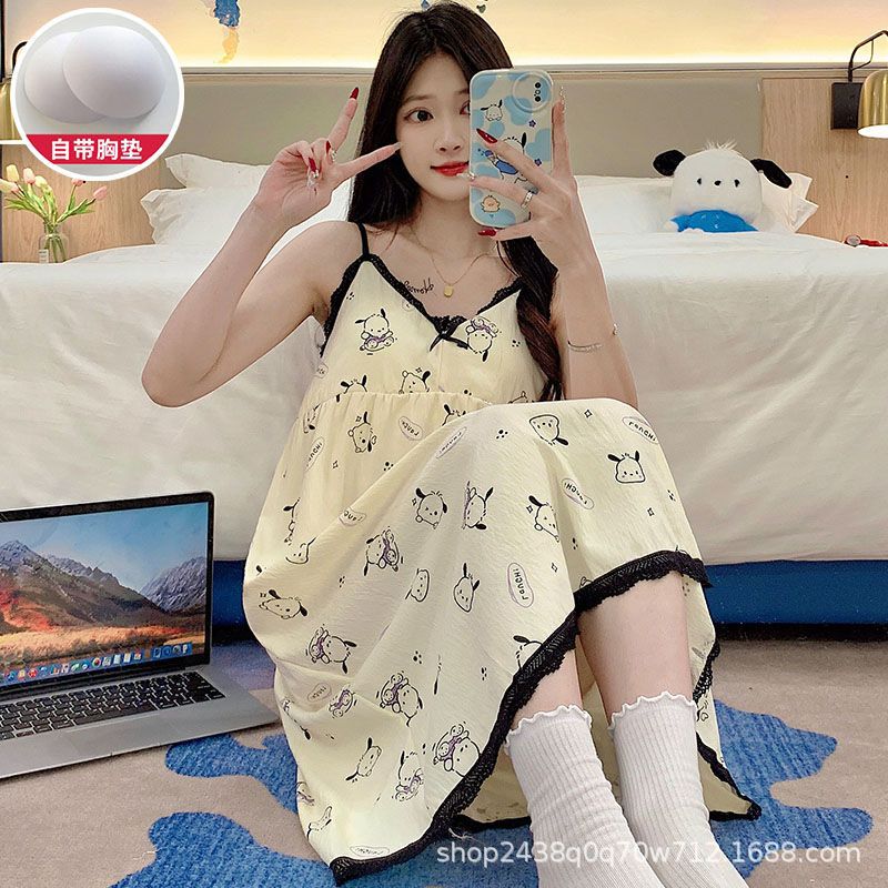 2025 Summer New Cloud Cotton Belt Chest Pad Sling Nightgown Women's Sleeveless Pure Desire Home Clothes Sexy