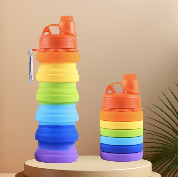 Cross-Border New Silicone Folding Water Cup, Outdoor Sports Water Cup, Rainbow Color with Back Rope, Retractable Children's Water Bottle