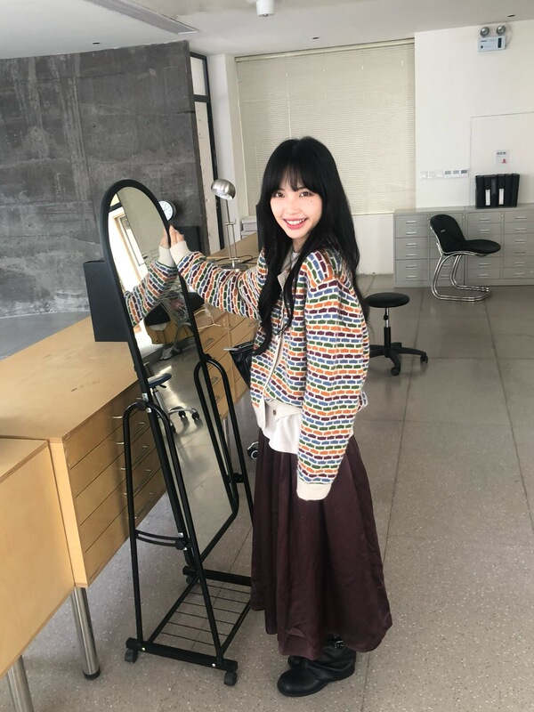 韩系复古彩虹翻领针织开衫女秋冬新款宽松显瘦百搭软糯毛衣外套潮|undefined