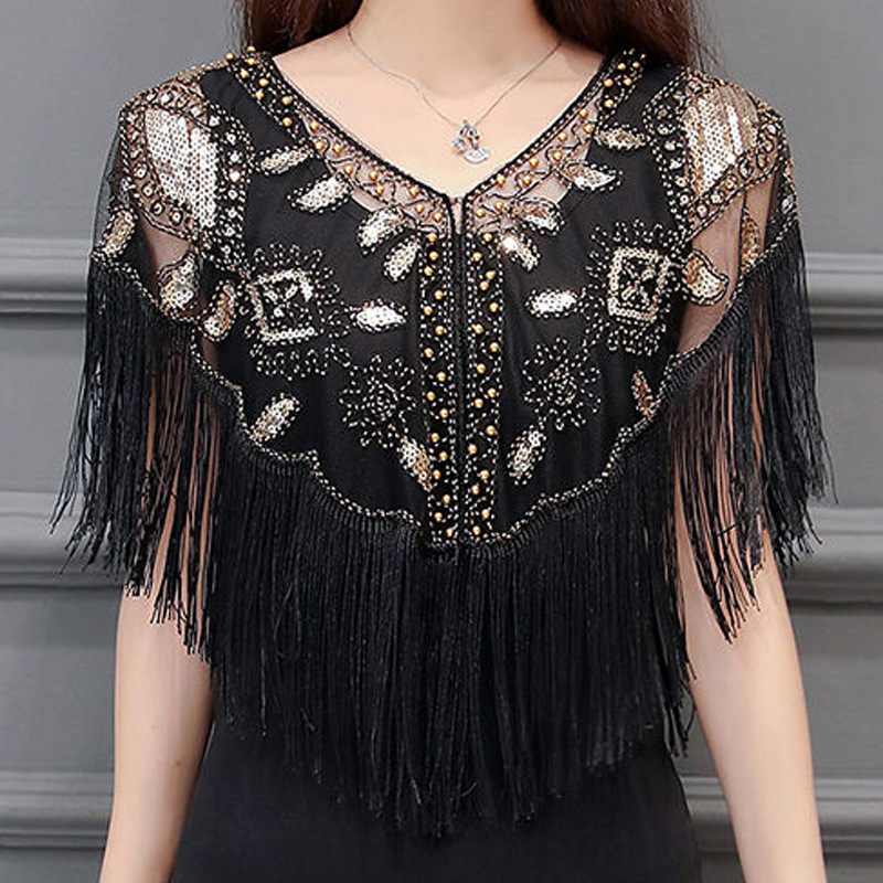 1920S复古亮片钉珠流苏披肩女礼服婚纱外搭跨境欧美宴会舞台派对