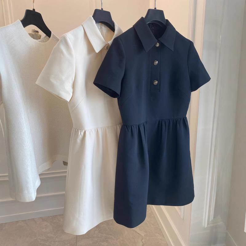 In stock D elegant socialite French elegant solid color stand collar wool dress women's high waist slimming short-sleeved dress