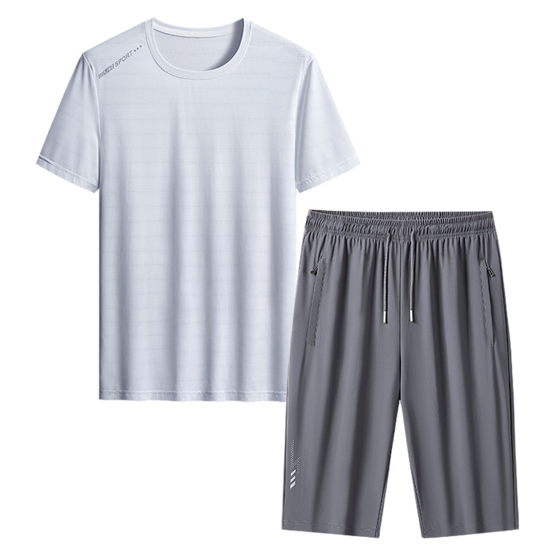 Papa de tamaño extra, traje de verano para hombres, hielo, secado rápido, pantalones de manga corta, de mediana edad, deportivo, ocio, dos piezas