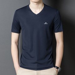 中年男性のマルベリーシルク夏のファッション半袖VネックポロシャツルーズカジュアルTシャツトップトレンディなクロスボーダーライブブロードキャスト