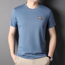 桑蠶絲圓領短袖男2022新款夏季修身型套頭刺綉休閑青年中國風T恤
