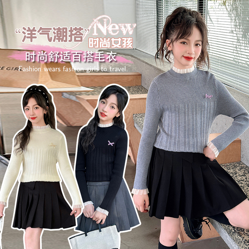 女童木耳边立领毛线衣跨境童装秋冬新款中大童韩系蝴蝶结打底毛衣