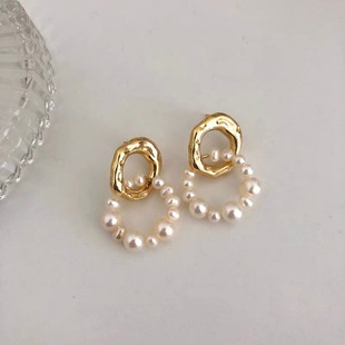 Fashion Commuter All-match Double-ring Pearl Elegant Earrings French Simple Irregular Metallic Simple Light Luxury Earrings