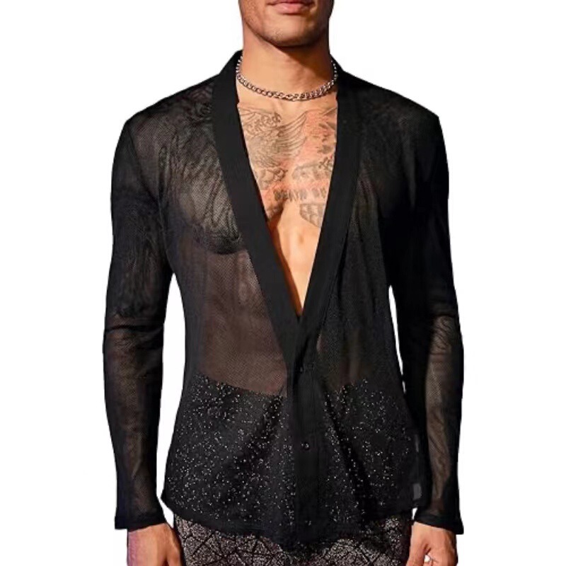 Spot Cross-Border New Men's Transparent Mesh Shirt V Neck Button Long-Sleeved Muscle T-Shirt Cardigan Top