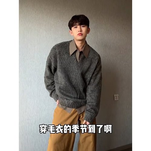 Men's V-neck Solid Color Sweatshirt for Winter - Grey - High-end Loose Casual Knit Top