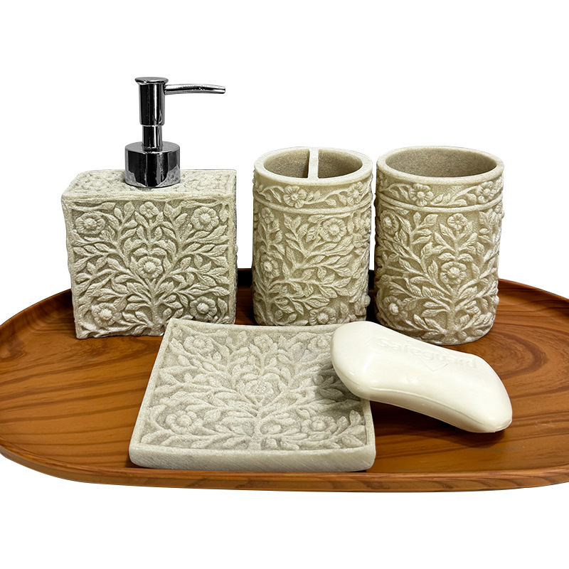 Baño del hotel de cuatro piezas de baño de resina de arena y grava set de baño de enjuague bucal botella de desinfectante de manos para el hogar