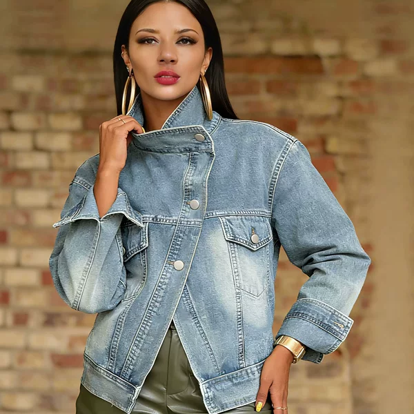 European and American Style Asymmetrical Diagonal Collar Denim Jacket for Women, Loose-Fitting Jacket for Cross-Border Trade, Tiktok Supply