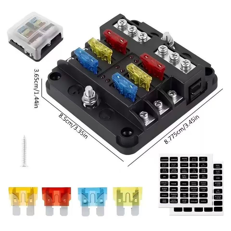 Car Fuse Box with Negative Terminal, Plug-In Screw Type, Multi-Way Fuse Box, Led Indicator Light, Boat and Car Accessories