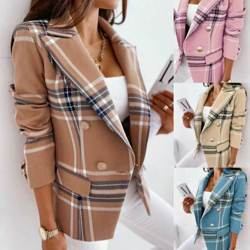 Европейская и американская внешняя торговля женская одежда 2024 весна и осень новый длинный рукав двубортный клетчатый принт костюм короткий пиджак женский