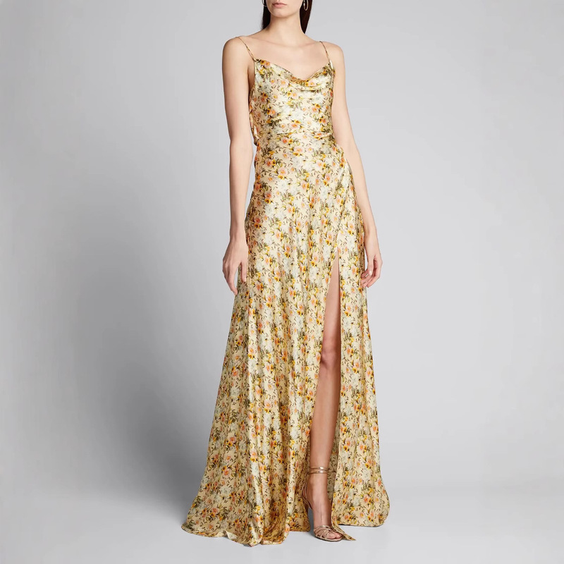 2025 fashion high-end printed suspender and floor gown ladies evening dress dress factory