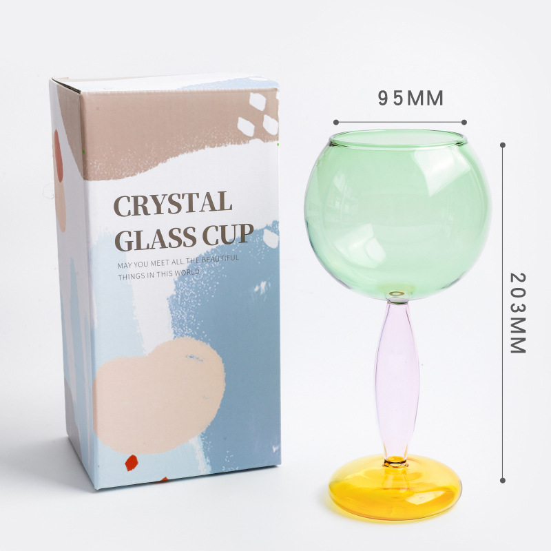 Red neta de alto valor, copa de vidrio de color de contraste de viento ins, costura para el hogar, copa de vino de vidrio de borosilicato esférico de color