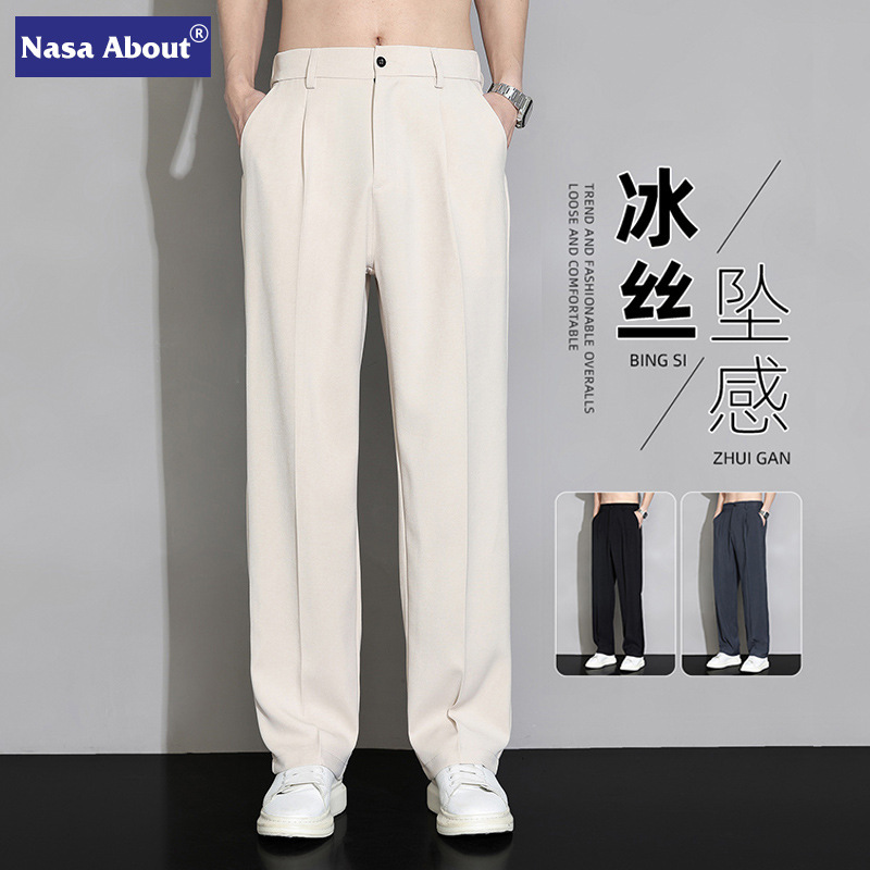 Nasa Ice Silk Trousers Men's Summer Thin Wide-Leg Straight Loose Casual Trousers Drapey Suit Trousers Trendy