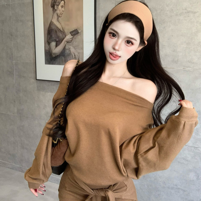 2025实拍韩版辣妹一字领露肩长袖T恤包臀短裙披肩腰封套装女|undefined