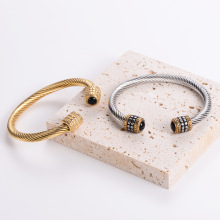 HY跨境热卖珠宝现货304不锈钢电缆扭线镶黑玛瑙开口手镯男士