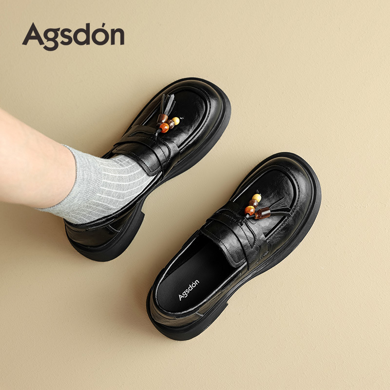 Augu Shi Deng zapatos Lefour de suela gruesa para mujeres 2025 nuevo otoño negro suave zapatos de cuero de estilo británico