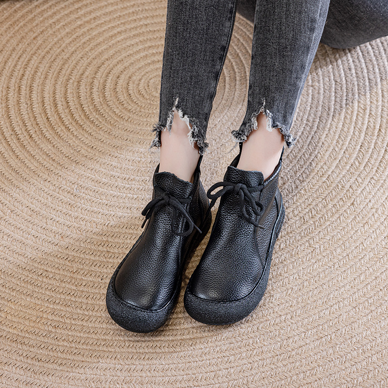 First Layer Cowhide Genuine Leather New Round Toe Versatile Autumn Winter Retro Comfortable Soft Sole Martin Non-Slip_voghion.com