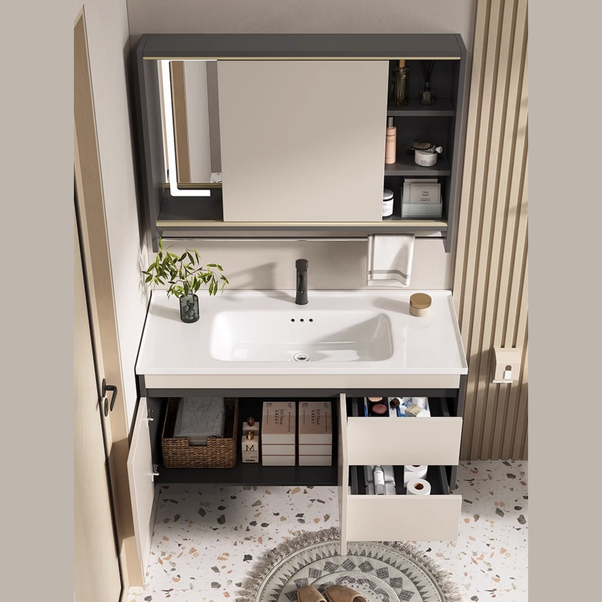 Combinación de gabinete de baño inteligente espejo de Feng Shui oculto mesa de lavado de baño lavabo integrado de cerámica