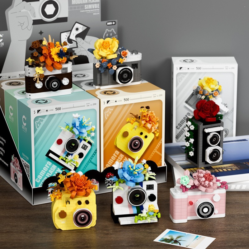 Chao Lechuang modelo de flores en espejo de cámara réflex bloques de flores creativos juegos de moda adornos juguetes de puzzle para niños regalos para mujeres