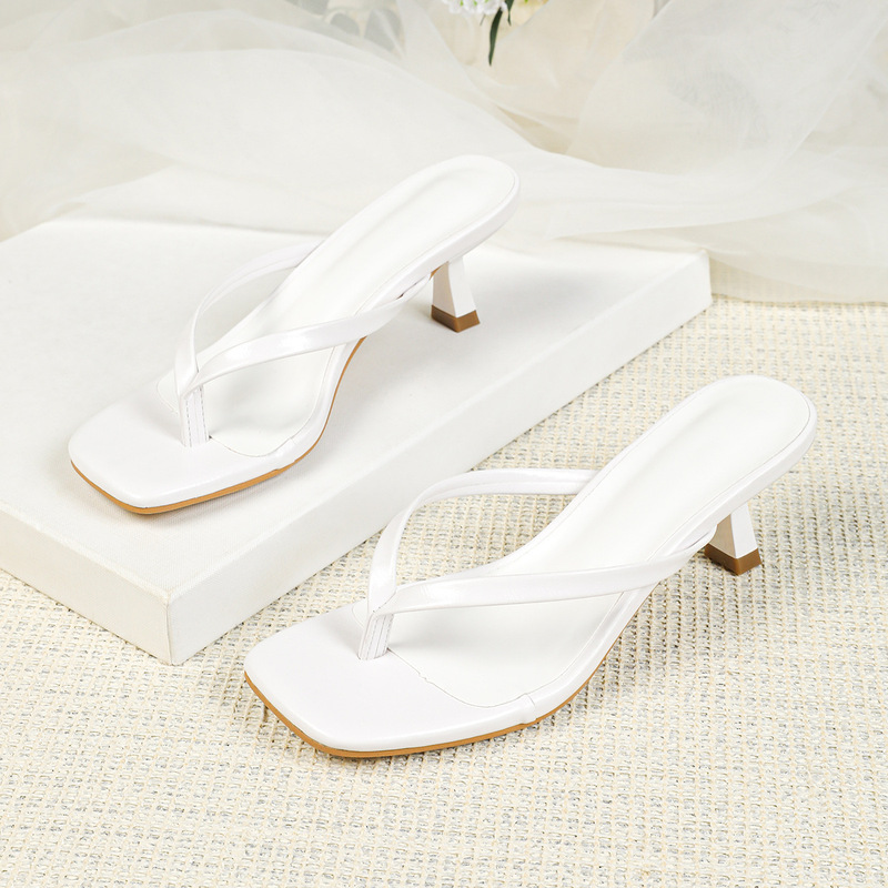 Multi-Color Square-Toe High-Heeled Flip-Flops for Women, Thin Strap Flip-Flops, Summer Outdoor Wear, Commuting Stiletto High Heels