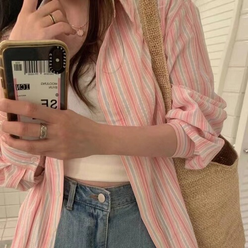 Korean long-sleeved thin striped two-color sunscreen shirt lazy style versatile loose top