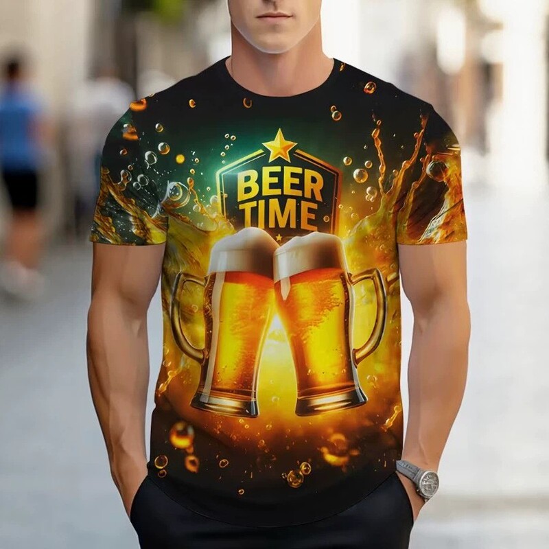 Trendy European and American beer foam splash print men's round neck short-sleeve T-shirt, eye-catching for friends' gatherings Trendy European and American beer foam splash print men's round neck short-sleeve T-shirt, eye-catching for friends' gatherings