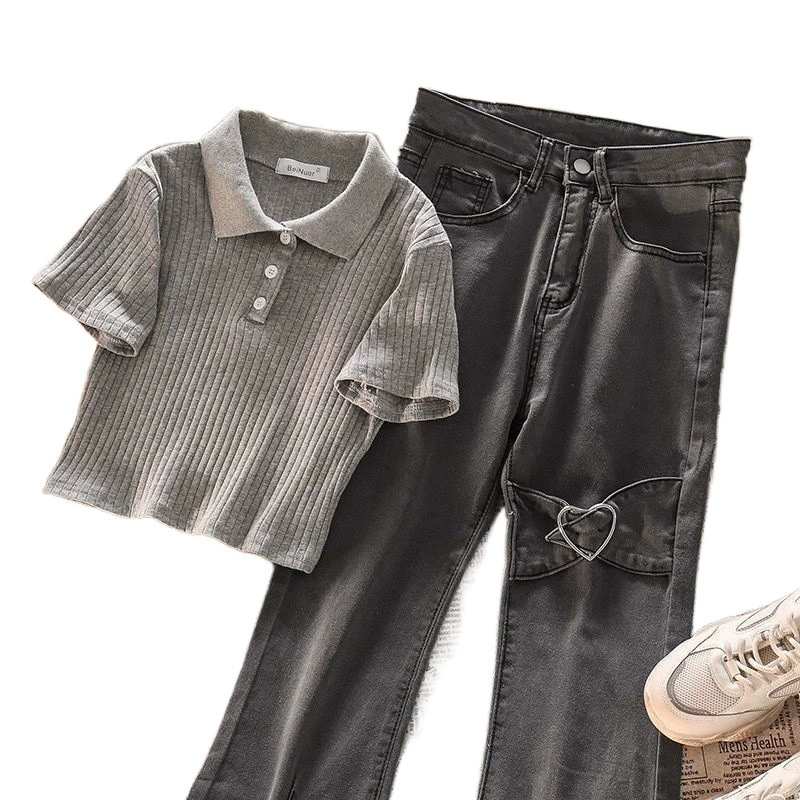 Short set, knitted denim flared trousers, polo collar