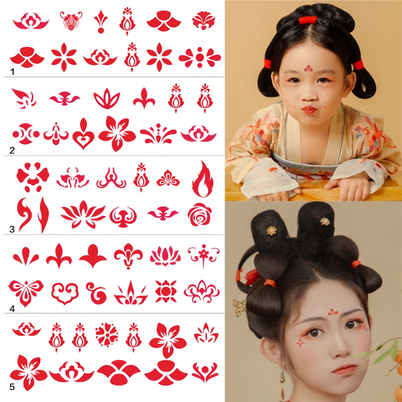 額用プリントメイク漢服、古代風ステッカー、子供用フェイスステッカー、妖精タトゥー、花ステッカー、眉ステッカー、新年|undefined