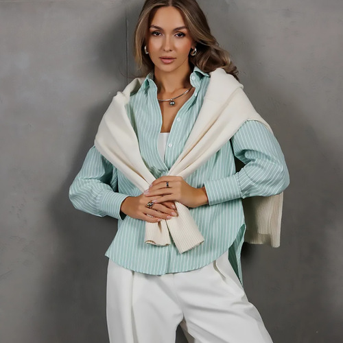 European and American foreign trade women's clothes 2025 new style loose large size striped women's clothes work shirt casual long-sleeved shirt