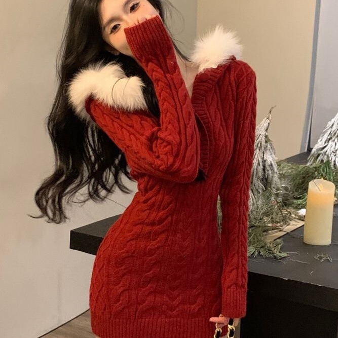 Purely desirable sexy red New Year sweater dress for women, new autumn and winter style, hooded with fur collar, knitted bodycon dress, thick Purely desirable sexy red New Year sweater dress for women, new autumn and winter style, hooded with fur collar, knitted bodycon dress, thick